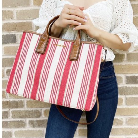 Michael Kors Handbags - Michael Kors Greenwich Medium East West Tote Coral Reef Stripe Canvas Leather
